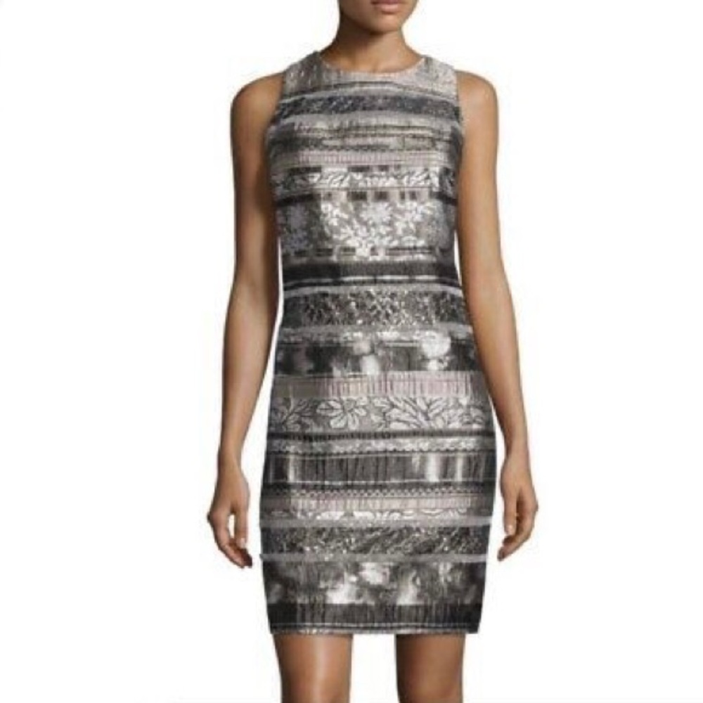 Kay Unger Floral Mesh Metallic Mini Party Satin Sleeveless Striped Dress Size 6